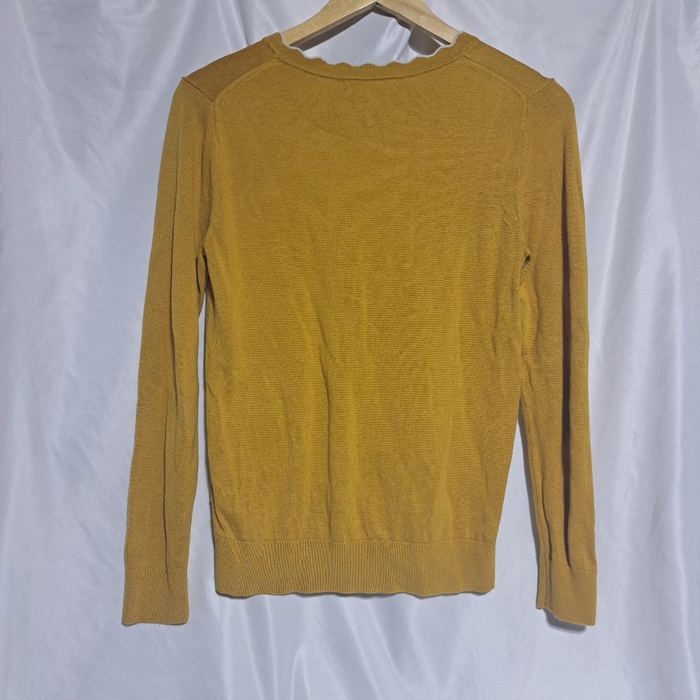 Banana Republic Womens Small Mustard Yellow Crewneck Sweater White Frill Neck - Picture 3 of 4